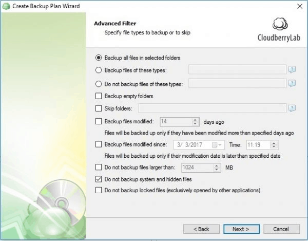 CloudBerry Backup advanced filter options