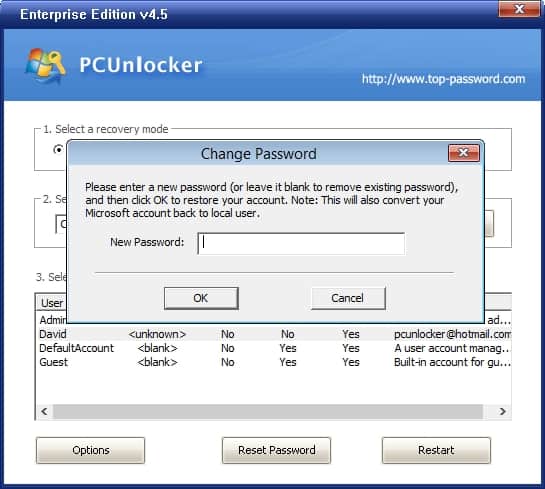 Enter a new password PCUnlocker