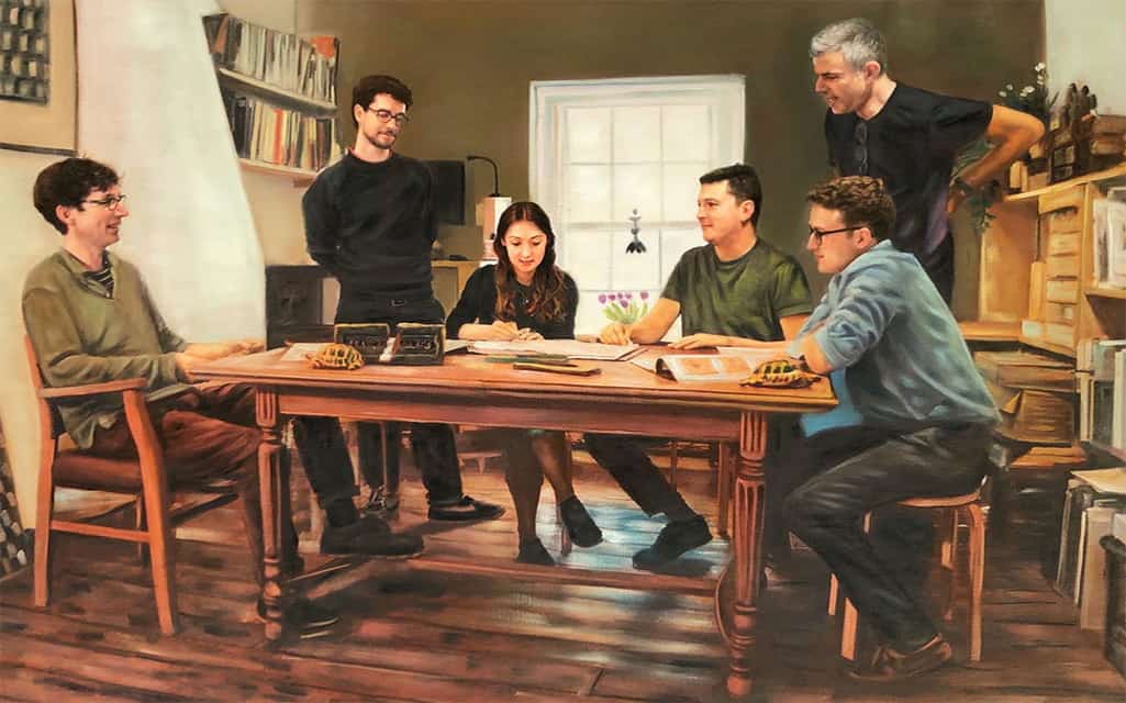 Painting of coworkers working on solving a problem together