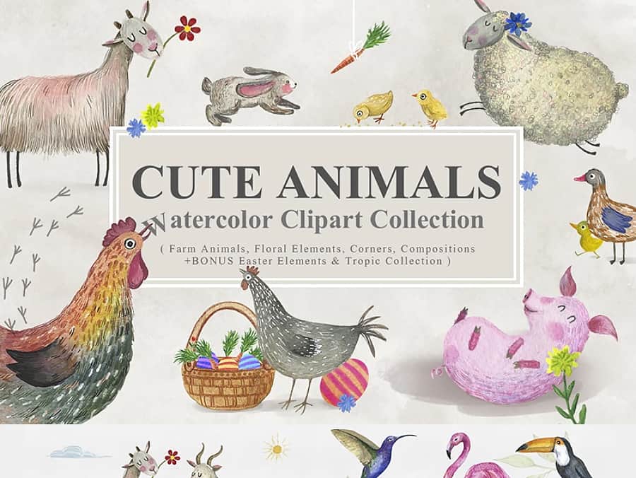 Cute Animals Watercolor Collection Illustrations Bundle