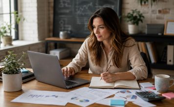 Person writing a business plan on a laptop with notes and charts around